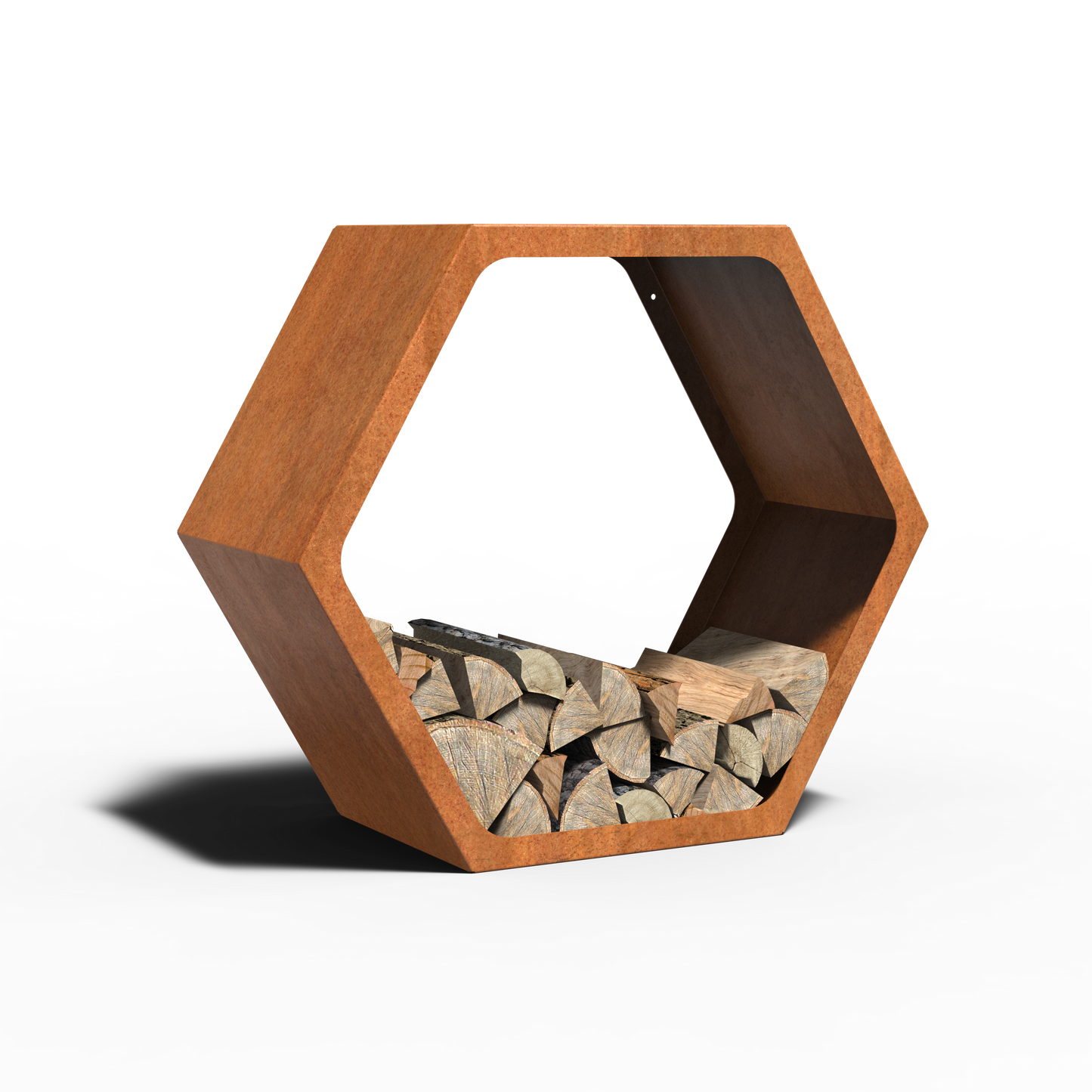 Holzlager Hex aus Cortenstahl